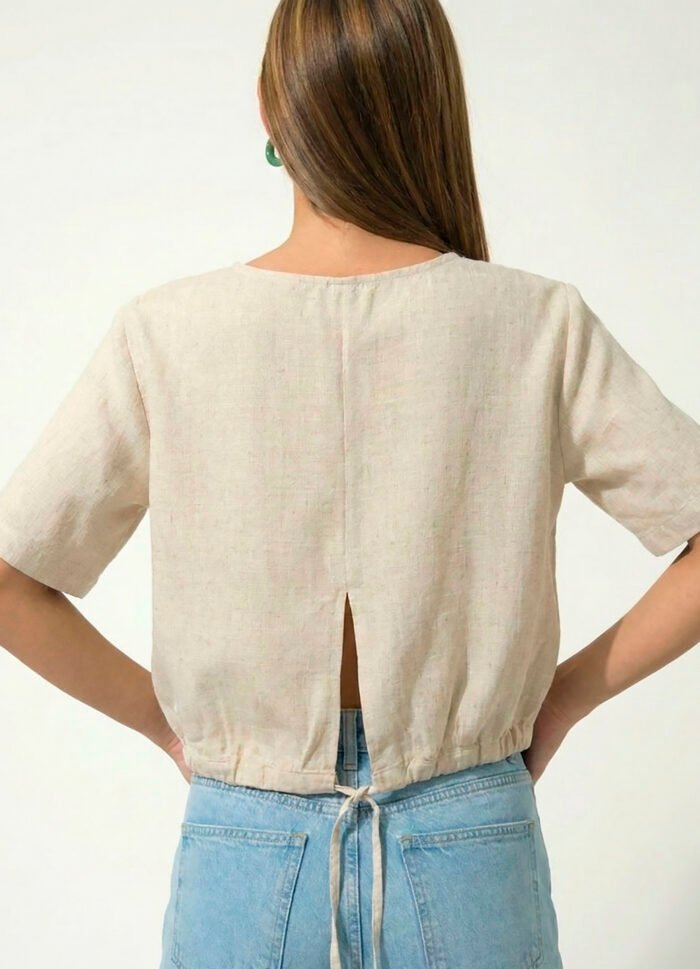 Blusa Bege Decote Canoa Manga Curta Viscose com Linho Sob - Imagem 4