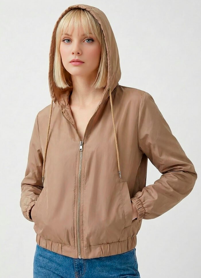 Jaqueta Bege Forrada com Capuz e Bolsos Sob Bomber - Imagem 2