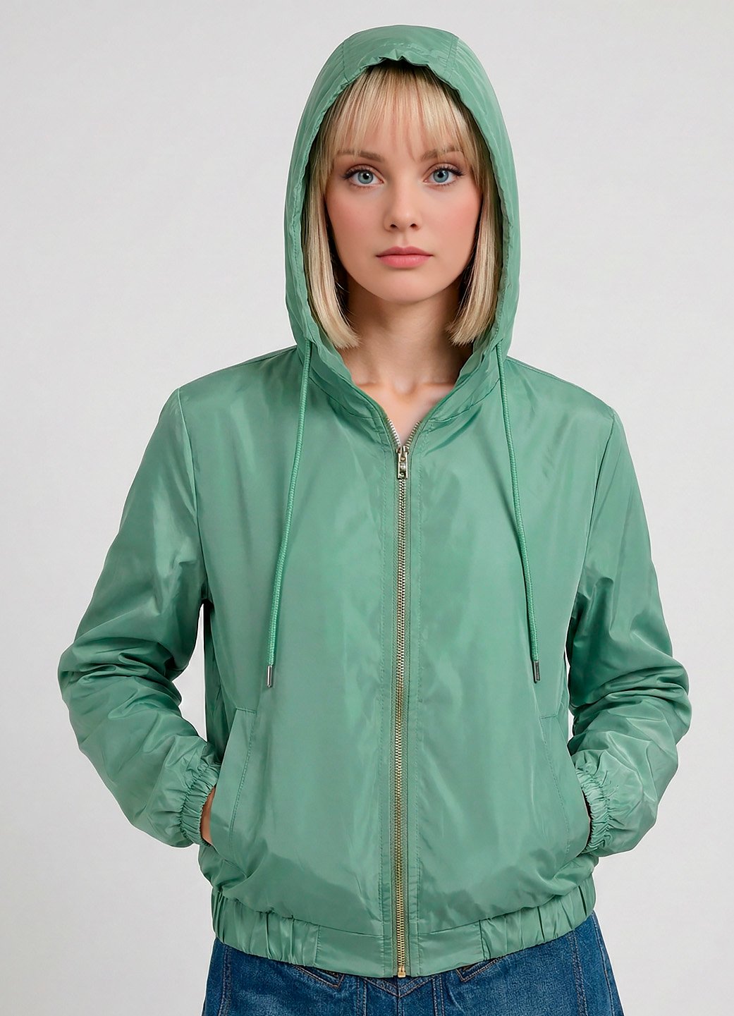 Jaqueta Verde Agua Forrada com Capuz e Bolsos Sob Bomber - Image 6