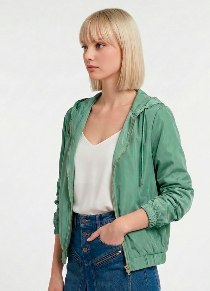 Jaqueta Verde Agua Forrada com Capuz e Bolsos Sob Bomber - Imagem 5