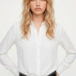 Camisa Branca Feminina em Viscose com Linho Manga Longa Sob