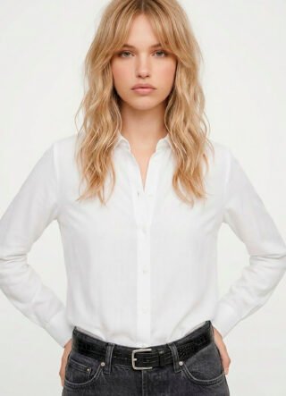 Camisa Branca Feminina em Viscose com Linho Manga Longa Sob