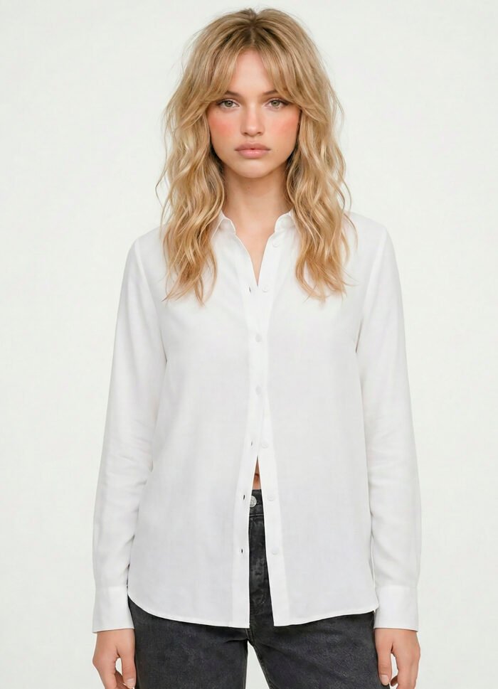 Camisa Branca Feminina em Viscose com Linho Manga Longa Sob - Imagem 2