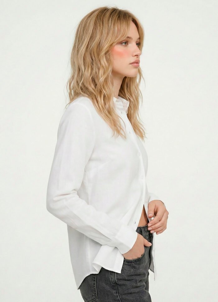 Camisa Branca Feminina em Viscose com Linho Manga Longa Sob - Imagem 3