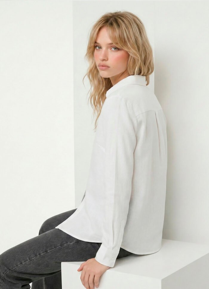 Camisa Branca Feminina em Viscose com Linho Manga Longa Sob - Imagem 5