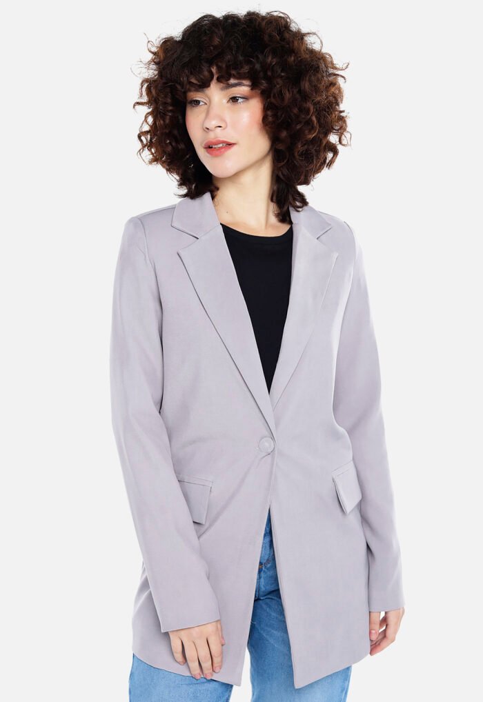 Blazer Cinza Claro Feminino Longo Alfaiataria com Bolsos Sob - Imagem 2