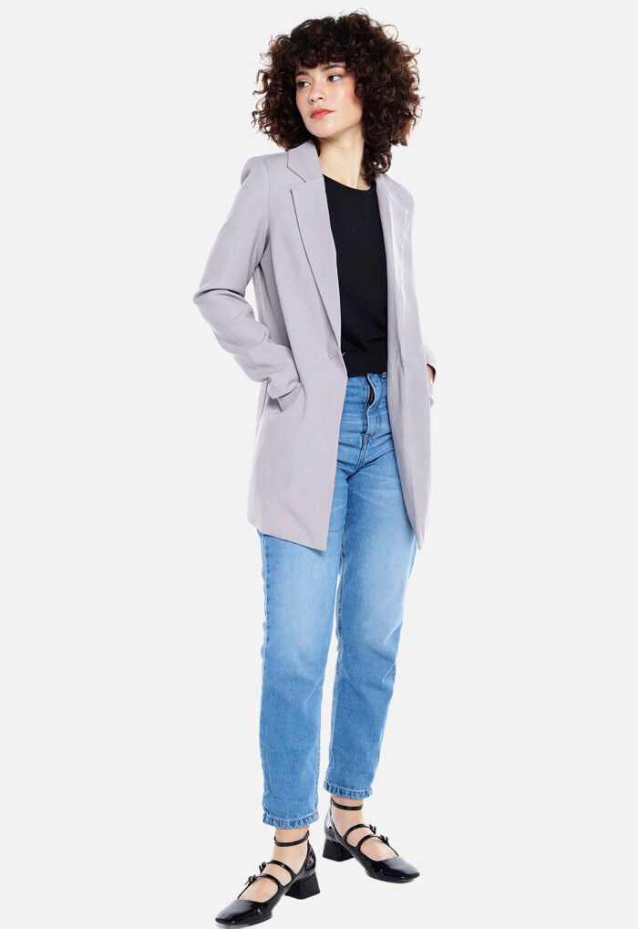 Blazer Cinza Claro Feminino Longo Alfaiataria com Bolsos Sob - Imagem 3