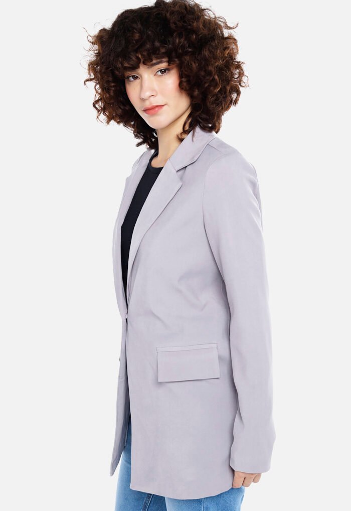 Blazer Cinza Claro Feminino Longo Alfaiataria com Bolsos Sob - Imagem 4