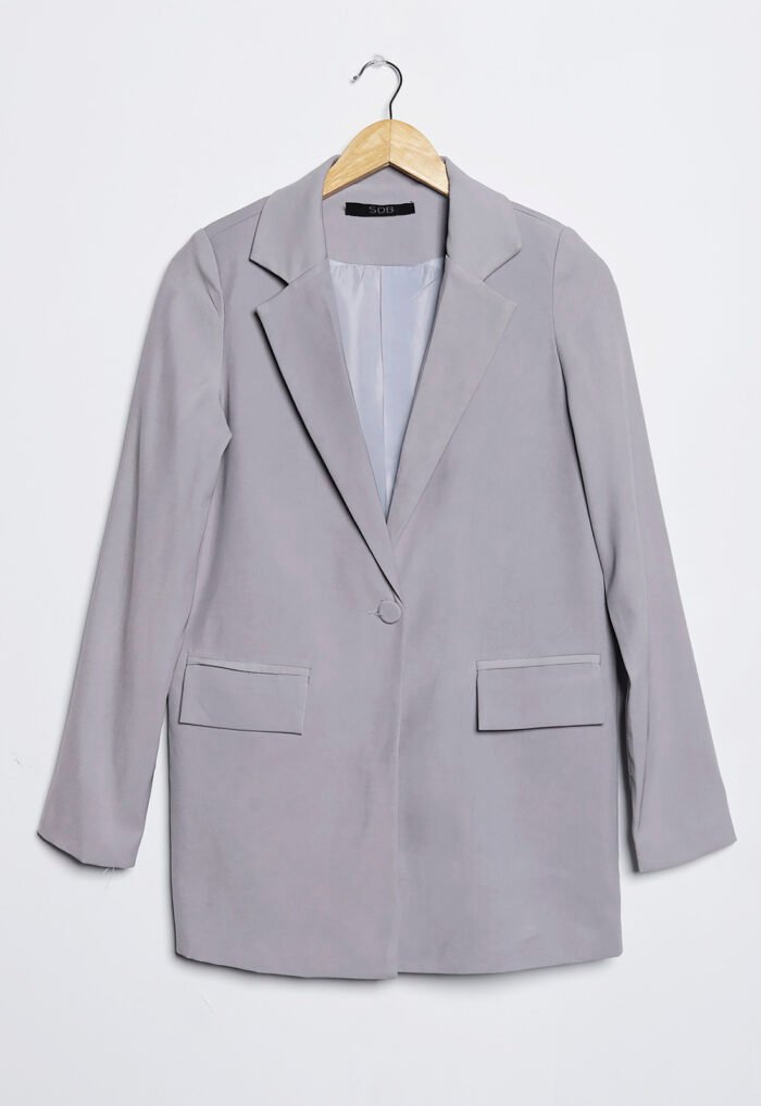 Blazer Cinza Claro Feminino Longo Alfaiataria com Bolsos Sob - Imagem 6