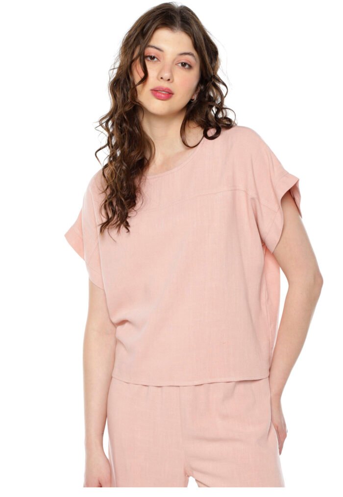 Blusa de Linho Manga Curta Sob Rosa Claro - Imagem 6