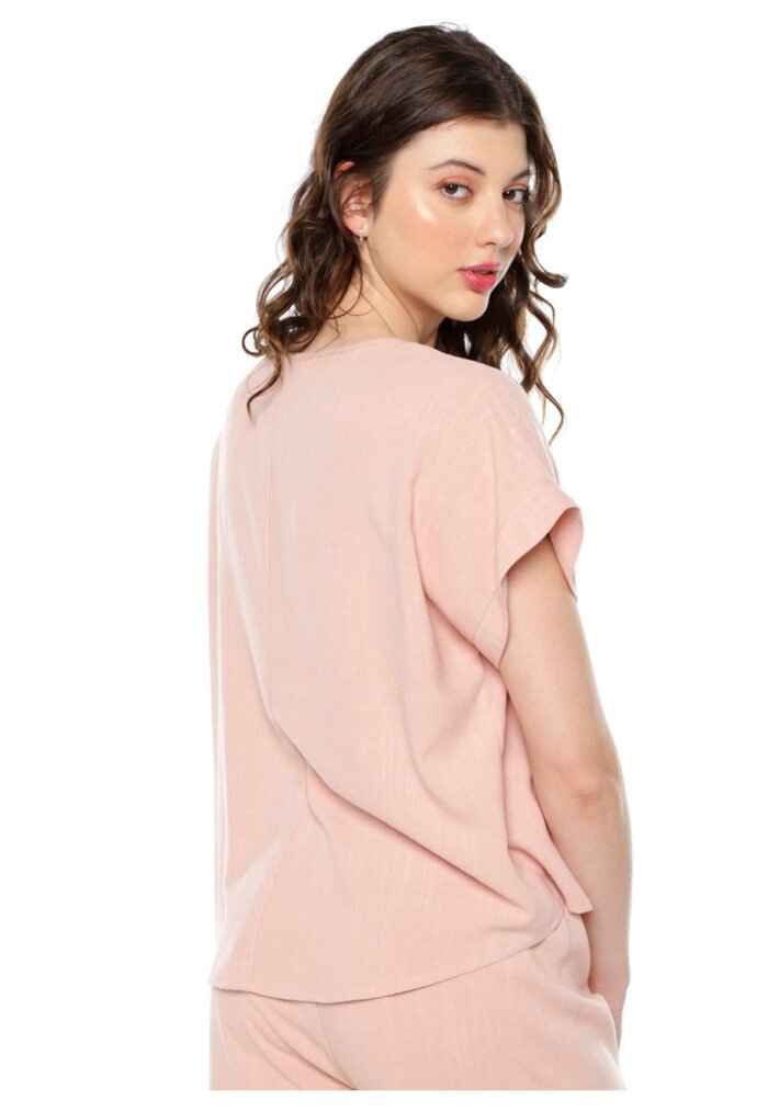 Blusa de Linho Manga Curta Sob Rosa Claro - Imagem 4