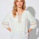 Blusa Branca Bordada Manga 3/4 Viscose  Boho Sob