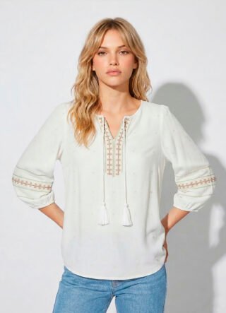 Blusa Branca Bordada Manga 3/4 Viscose  Boho Sob