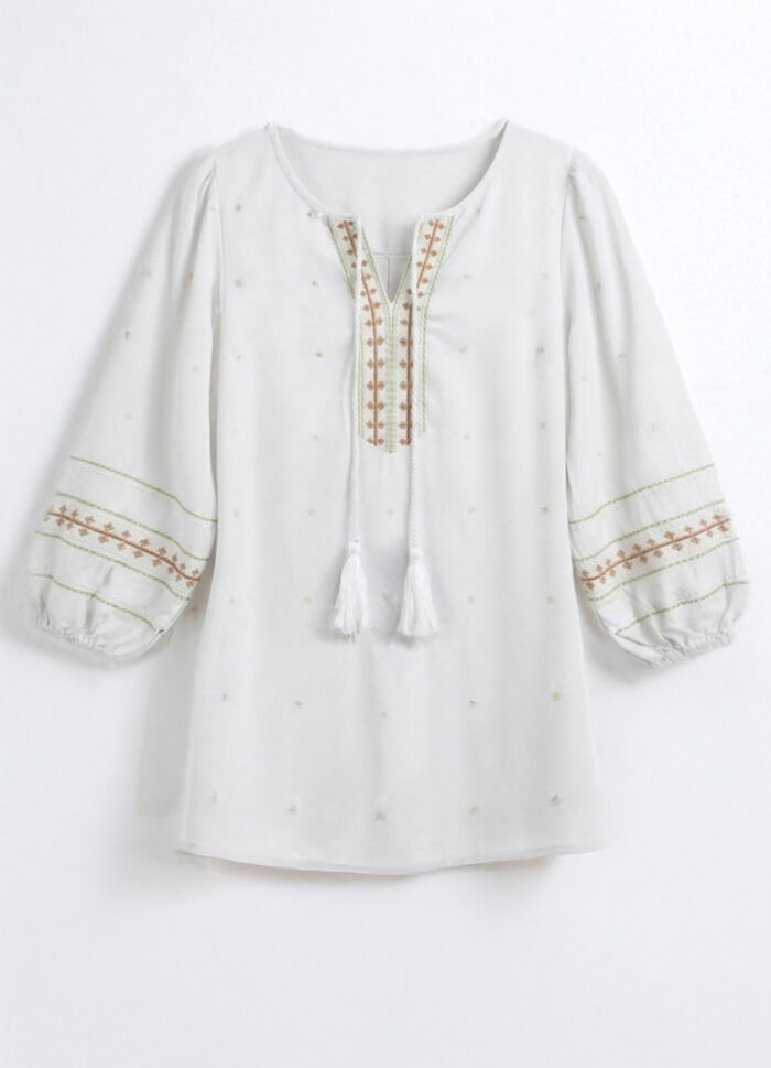 Blusa Branca Bordada Manga 3/4 Viscose  Boho Sob - Imagem 6