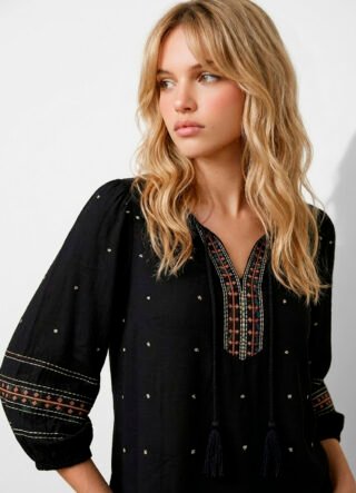 Blusa Preta Bordada Manga 3/4 Viscose Boho Sob