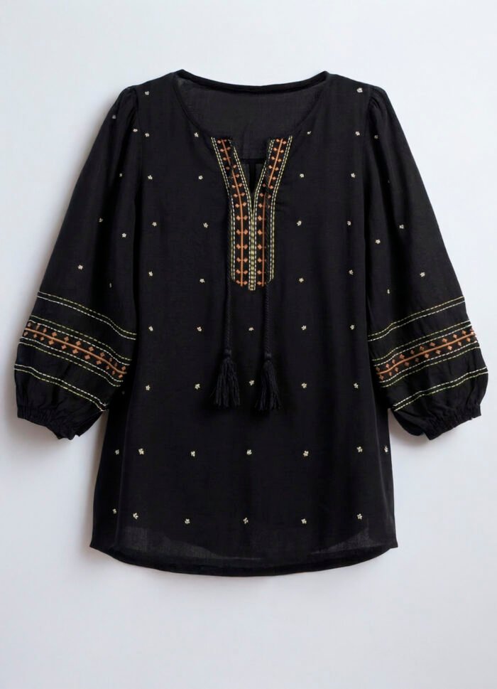 Blusa Preta Bordada Manga 3/4 Viscose Boho Sob - Imagem 6