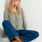 Blusa Verde Clara Acinzentada Bordada Manga 3/4 Viscose Sob