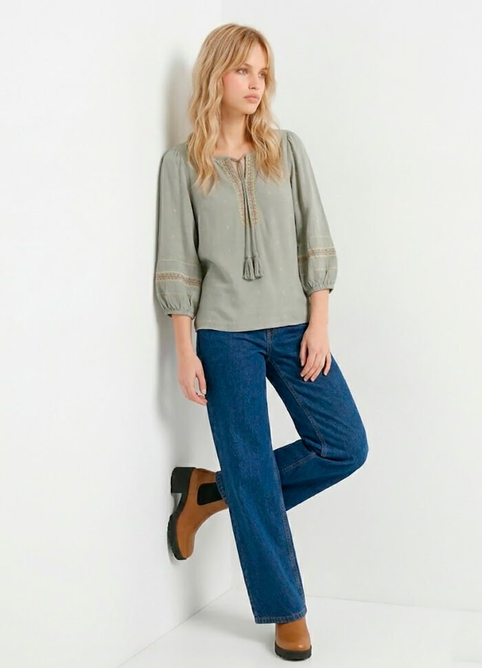 Blusa Verde Clara Acinzentada Bordada Manga 3/4 Viscose Sob - Imagem 5