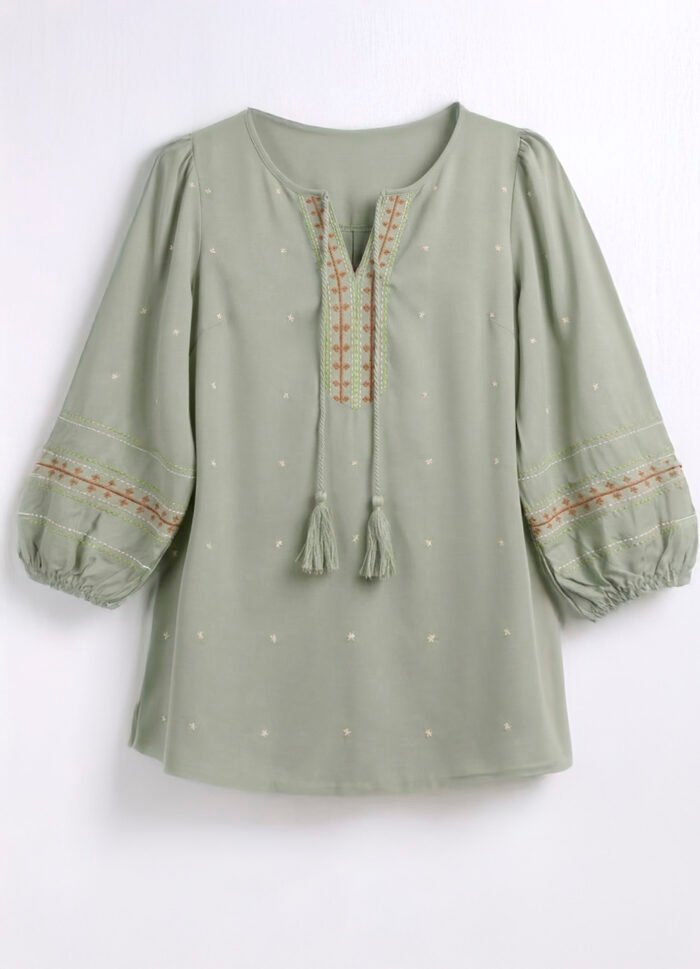 Blusa Verde Clara Acinzentada Bordada Manga 3/4 Viscose Sob - Imagem 6