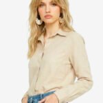 Camisa Bege Linho Feminina em Viscose com Linho Manga Longa Sob