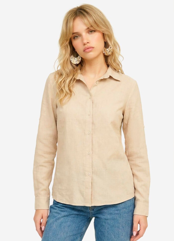 Camisa Bege Linho Feminina em Viscose com Linho Manga Longa Sob - Imagem 2