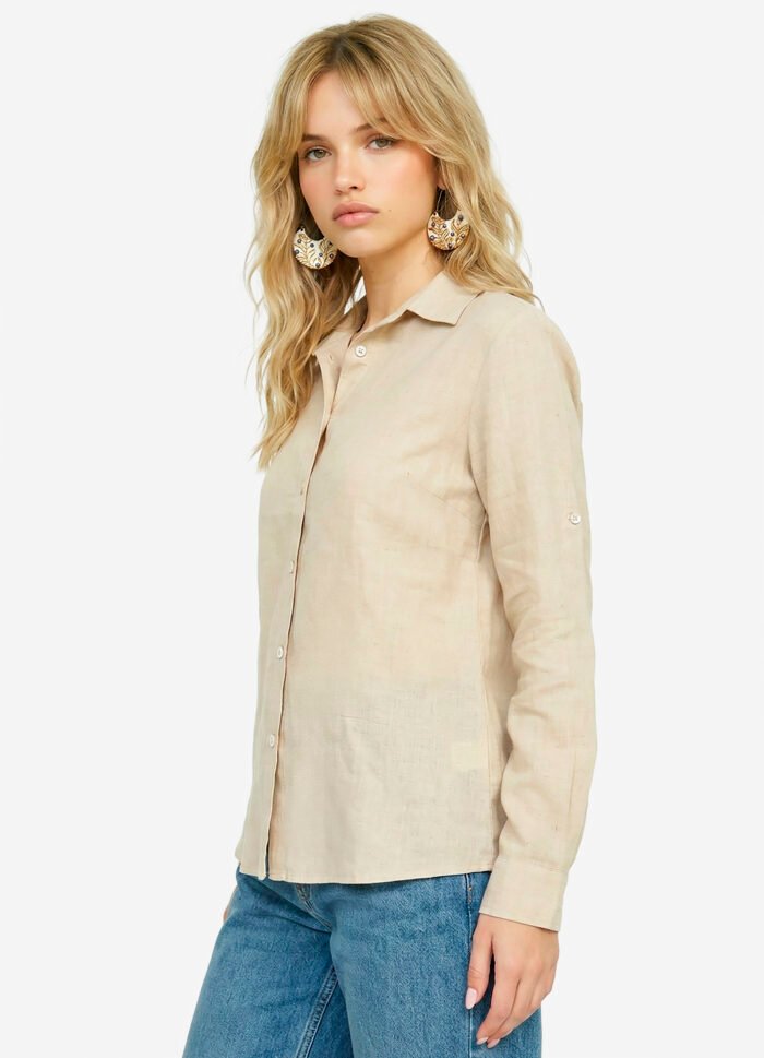 Camisa Bege Linho Feminina em Viscose com Linho Manga Longa Sob - Imagem 5