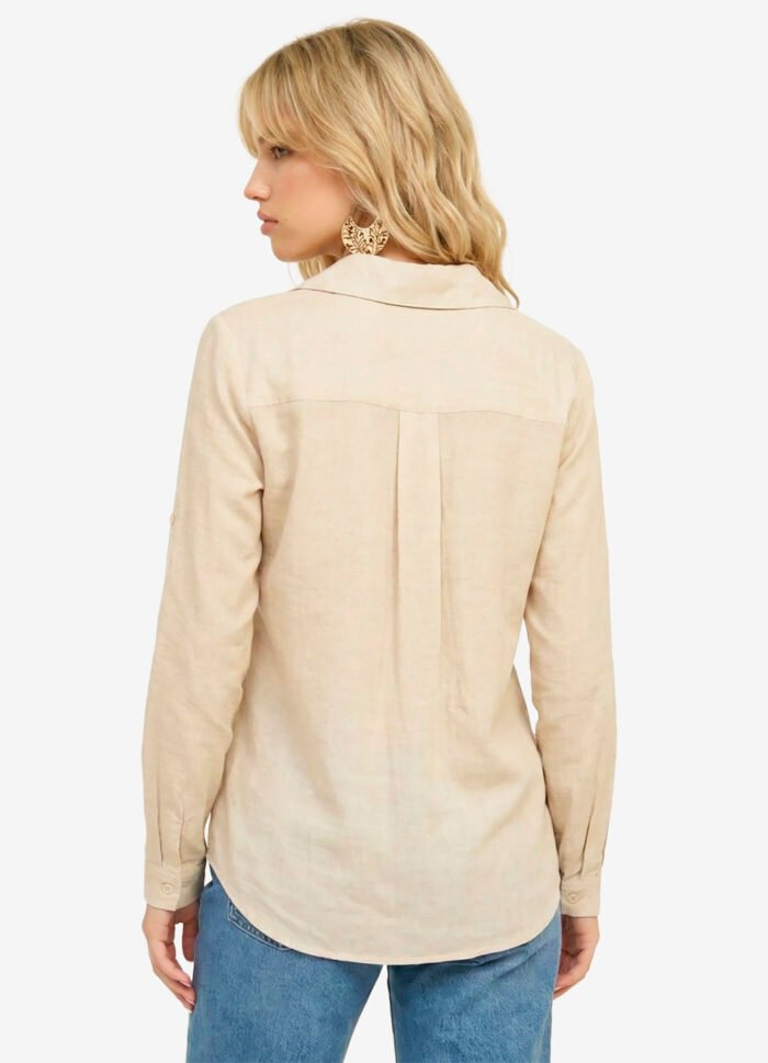 Camisa Bege Linho Feminina em Viscose com Linho Manga Longa Sob - Imagem 4