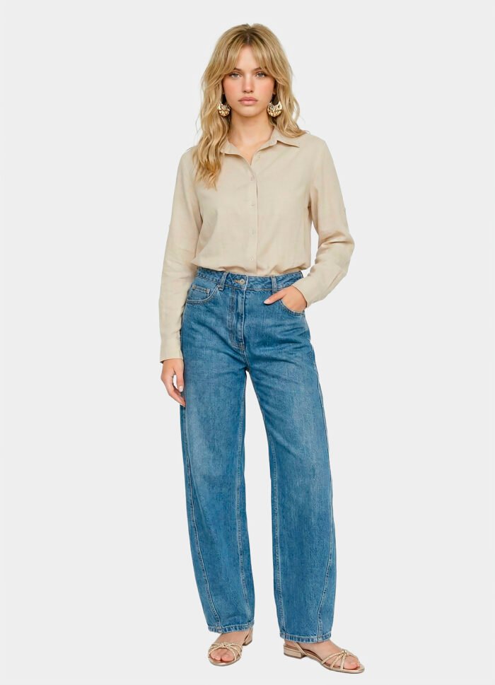 Camisa Bege Linho Feminina em Viscose com Linho Manga Longa Sob - Imagem 3