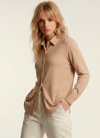 Camisa Bege Mocca Feminina em Viscose com Linho Manga Longa Sob