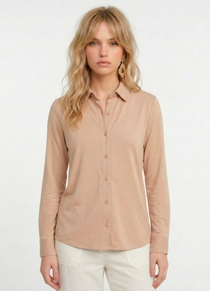 Camisa Bege Mocca Feminina em Viscose com Linho Manga Longa Sob - Imagem 6