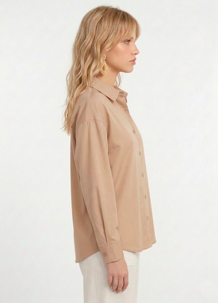 Camisa Bege Mocca Feminina em Viscose com Linho Manga Longa Sob - Imagem 5