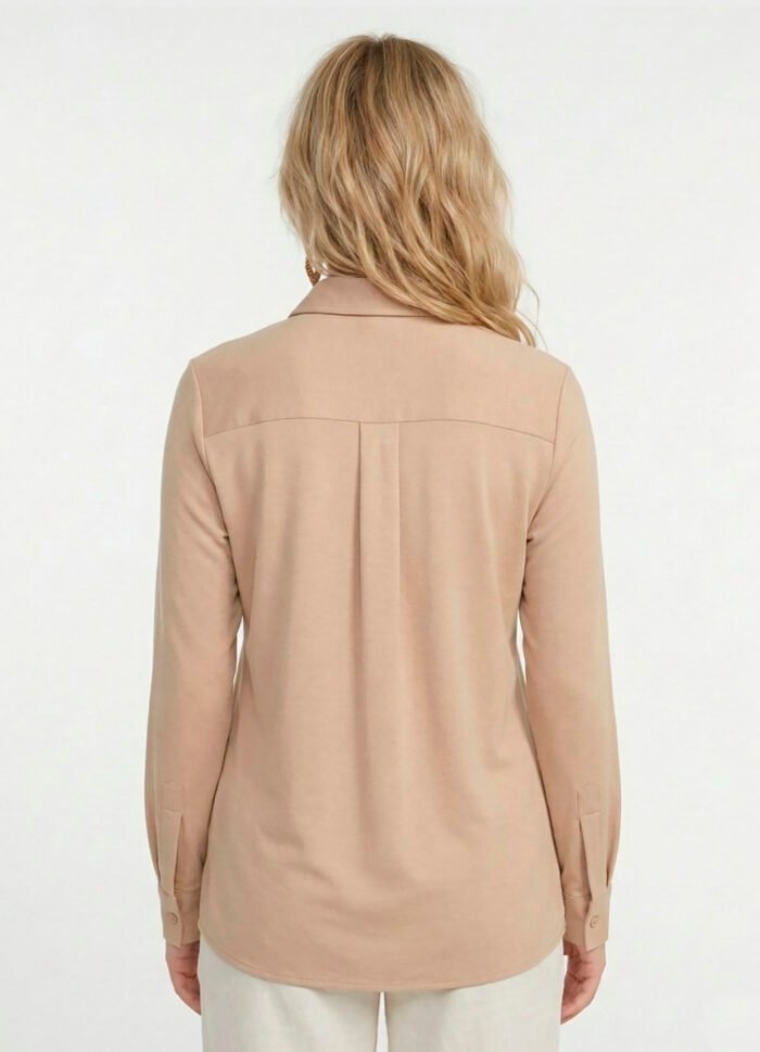 Camisa Bege Mocca Feminina em Viscose com Linho Manga Longa Sob - Imagem 4