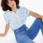 Blusa de Viscose com Linho Manga Curta Sob Azul