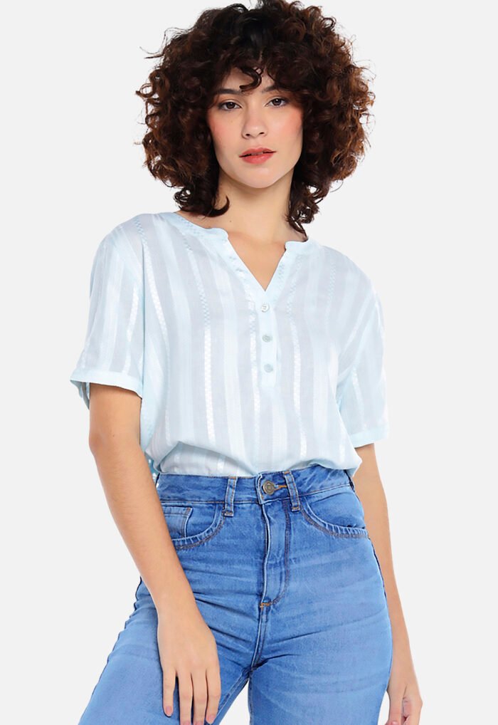 Blusa de Viscose com Linho Manga Curta Sob Azul - Imagem 2