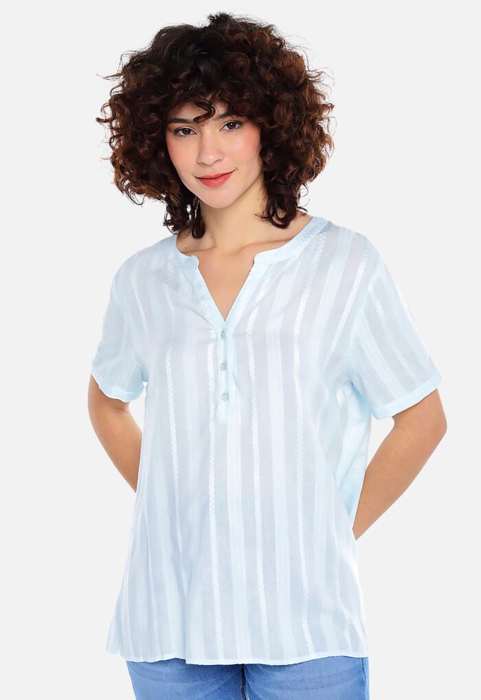 Blusa de Viscose com Linho Manga Curta Sob Azul - Imagem 7