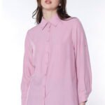 Camisa Feminina Maxi Lisa Manga Longa Fresca Sob Rosa