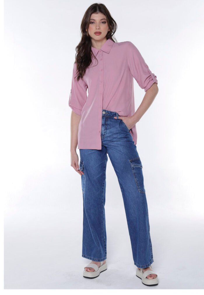 Camisa Feminina Maxi Lisa Manga Longa Fresca Sob Rosa - Imagem 5