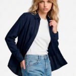 Camisa Marinho Feminina em Viscose com Linho Manga Longa Sob