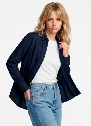 Camisa Marinho Feminina em Viscose com Linho Manga Longa Sob