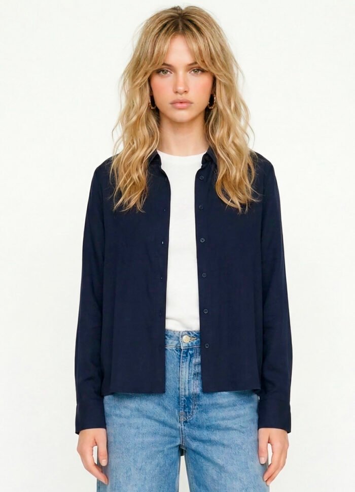 Camisa Marinho Feminina em Viscose com Linho Manga Longa Sob - Imagem 5