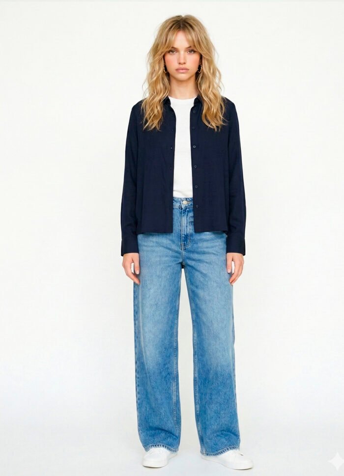 Camisa Marinho Feminina em Viscose com Linho Manga Longa Sob - Imagem 3