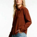 Camisa Marrom Café Feminina em Viscose com Linho Manga Longa Sob