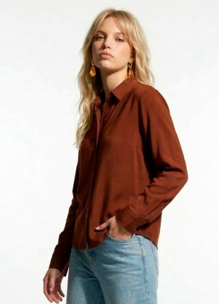 Camisa Marrom Café Feminina em Viscose com Linho Manga Longa Sob