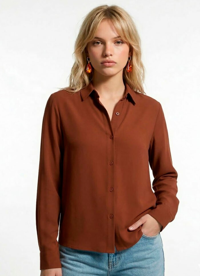 Camisa Marrom Café Feminina em Viscose com Linho Manga Longa Sob - Imagem 3