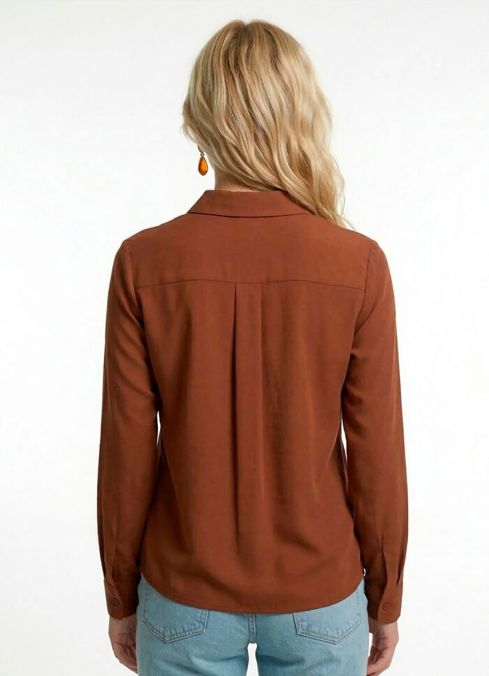 Camisa Marrom Café Feminina em Viscose com Linho Manga Longa Sob - Imagem 4