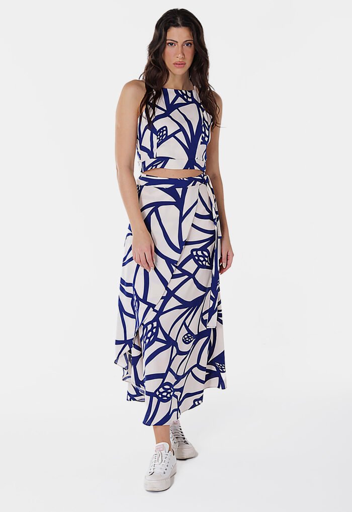 Conjunto Saia Longa e Blusa com Bojo Estampado Bege e Marinho Sob - Imagem 6