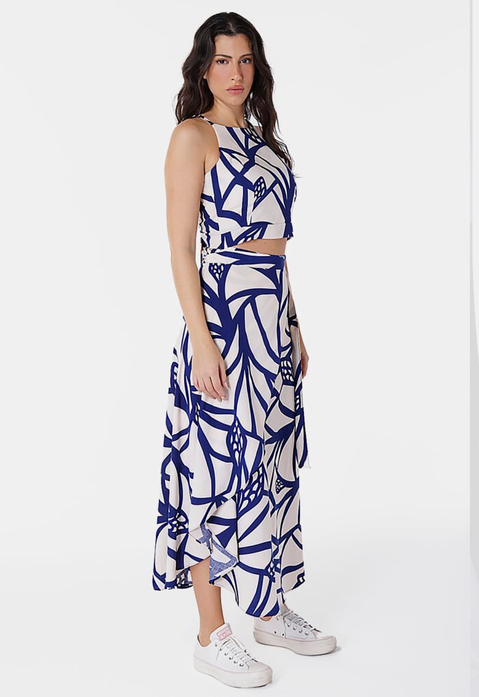 Conjunto Saia Longa e Blusa com Bojo Estampado Bege e Marinho Sob - Imagem 5