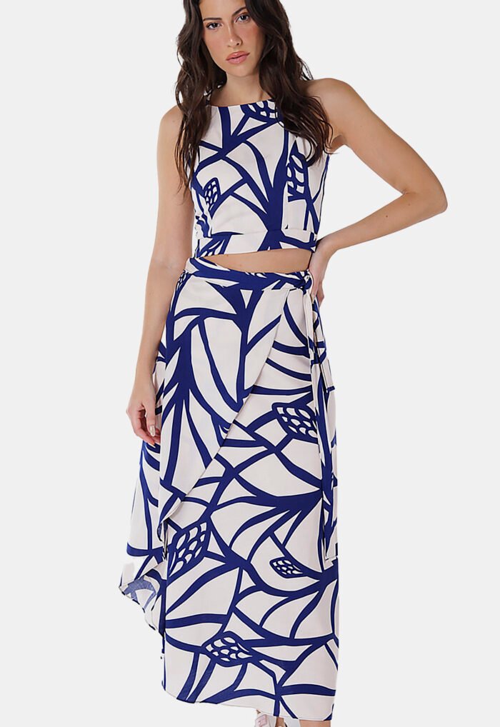 Conjunto Saia Longa e Blusa com Bojo Estampado Bege e Marinho Sob - Imagem 4