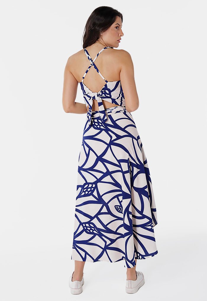 Conjunto Saia Longa e Blusa com Bojo Estampado Bege e Marinho Sob - Imagem 3