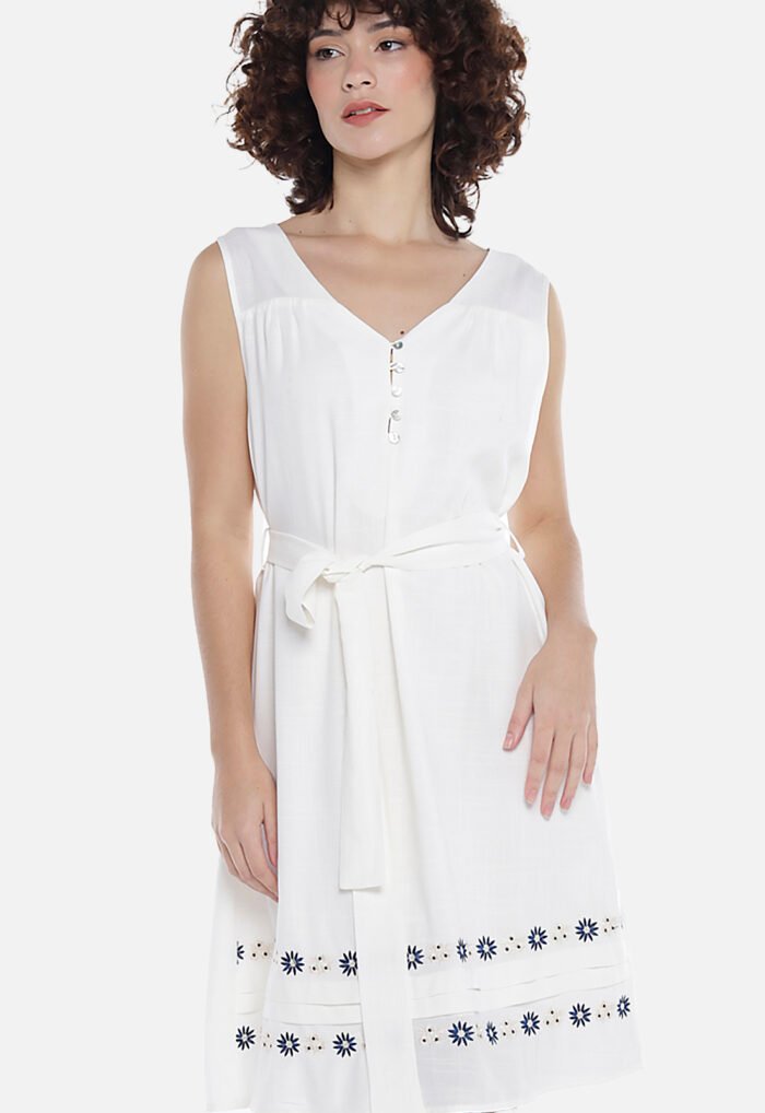 Vestido Off-White Gola V com Barra Bordada Azul Forrado Sob - Imagem 7